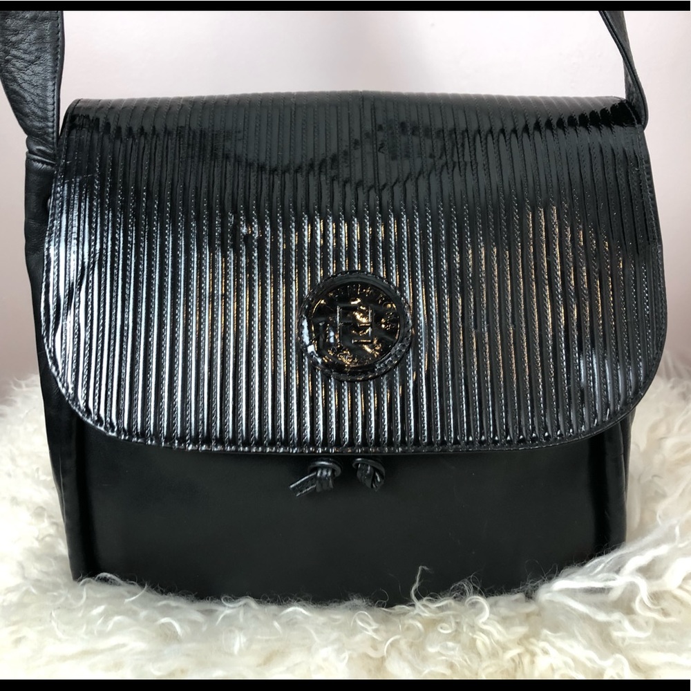 Rare Authentic Vintage Fendi Bag, Black Calfskin Leather w/Patent Leather Flap